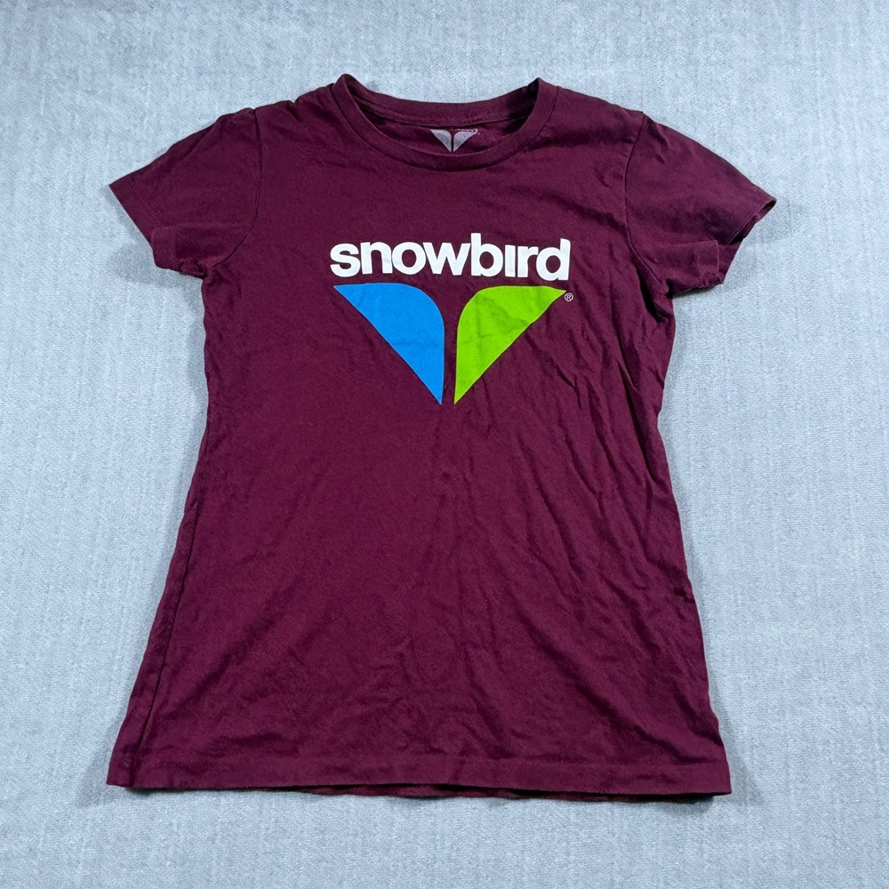 Snowbird T-Shirt Womens XS Maroon Logo Graphic Ski Resort Cotton Short‎ Sleeve
